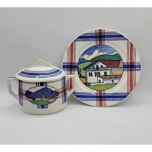Ramuntcho Faienceries de Sarreguemines Farm Scene Sugar Bowl & 6.5" Bread Plate